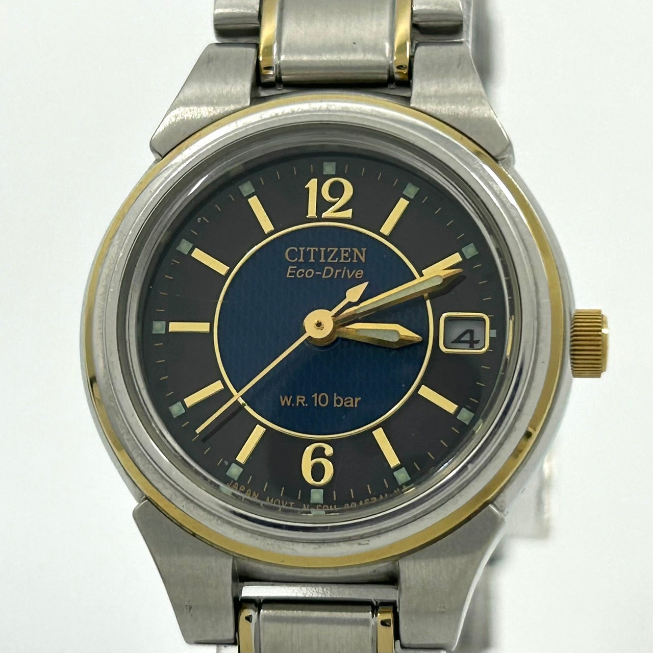 【稼働品】CITIZEN シチズン Eco-Drive エコドライブ レディース腕時計 E011 ネイビー文字盤 ゴールド コンビカラー デイト アナログ ソーラー 10気圧防水 エレガント クラシックデザイン クリーニング済み G6