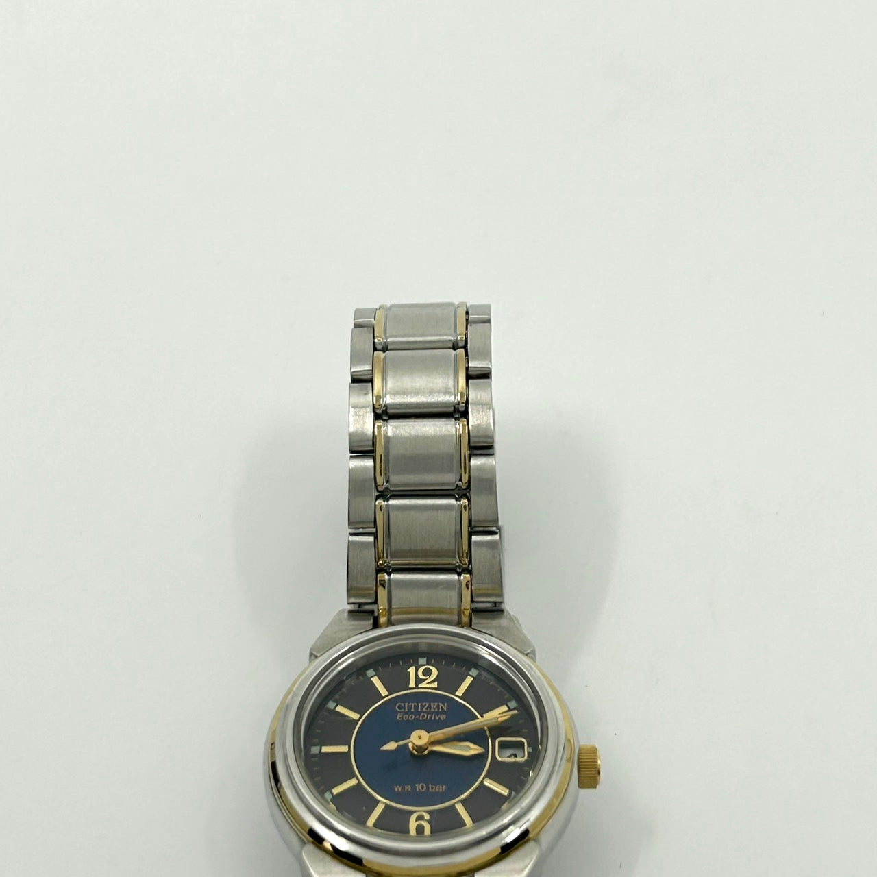 【稼働品】CITIZEN シチズン Eco-Drive エコドライブ レディース腕時計 E011 ネイビー文字盤 ゴールド コンビカラー デイト アナログ ソーラー 10気圧防水 エレガント クラシックデザイン クリーニング済み G6