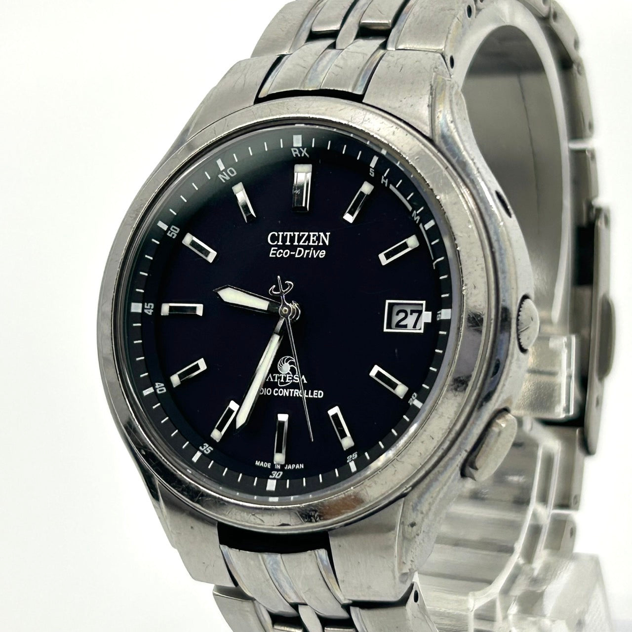 【稼働品】CITIZEN ATTESA シチズン アテッサ メンズ腕時計 エコドライブ H415 電波ソーラー チタン ブラック文字盤 デイト アナログ ビジネスウォッチ スタイリッシュ クラシックデザイン DURATECT クリーニング済み G6