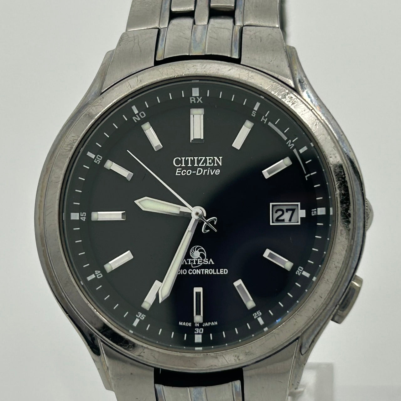 【稼働品】CITIZEN ATTESA シチズン アテッサ メンズ腕時計 エコドライブ H415 電波ソーラー チタン ブラック文字盤 デイト アナログ ビジネスウォッチ スタイリッシュ クラシックデザイン DURATECT クリーニング済み G6