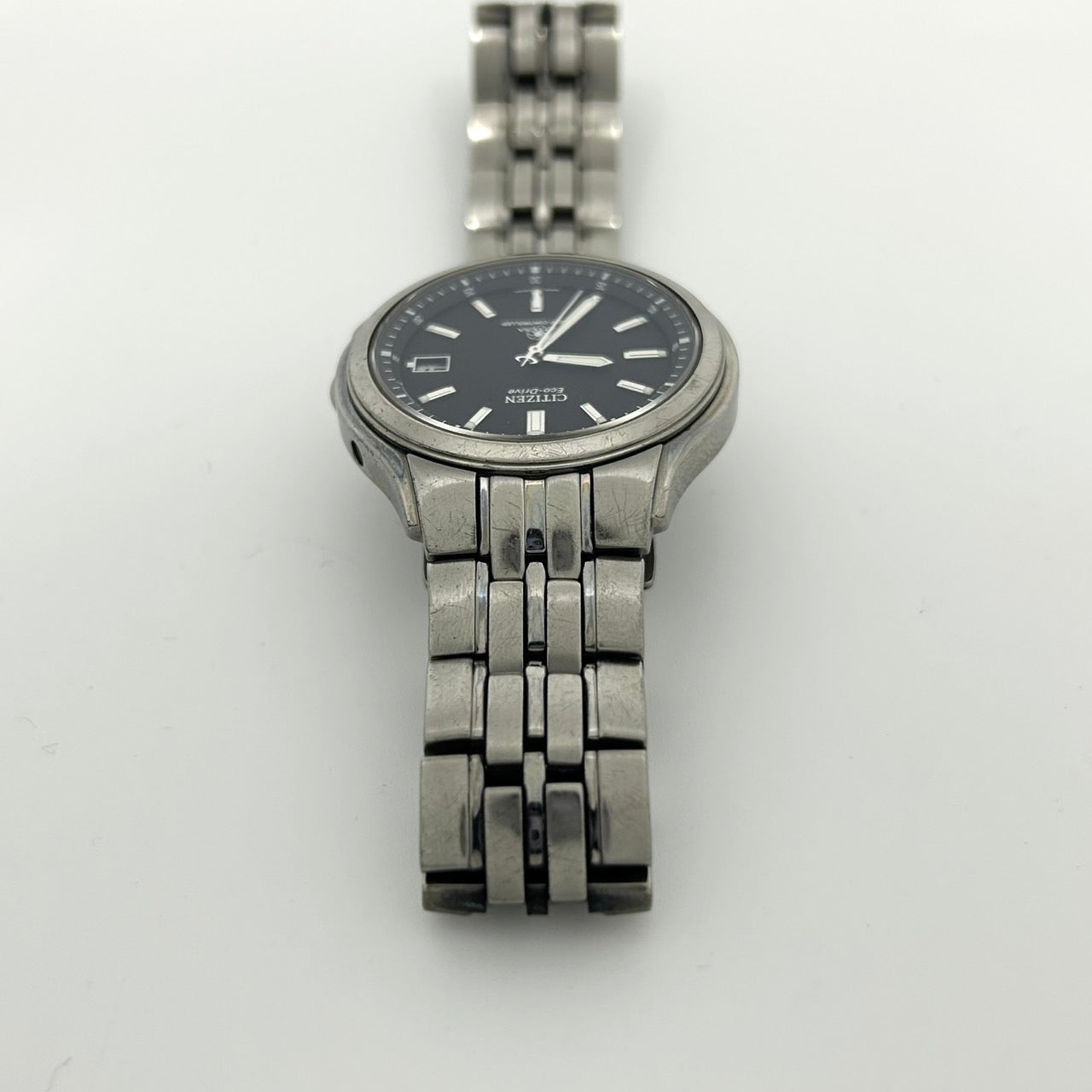 【稼働品】CITIZEN ATTESA シチズン アテッサ メンズ腕時計 エコドライブ H415 電波ソーラー チタン ブラック文字盤 デイト アナログ ビジネスウォッチ スタイリッシュ クラシックデザイン DURATECT クリーニング済み G6