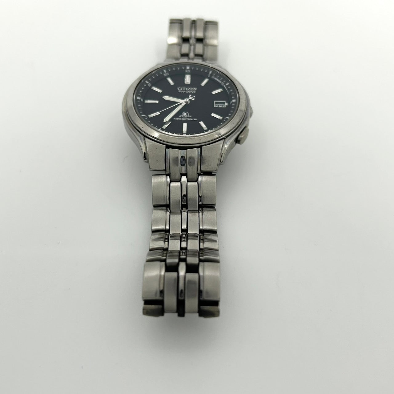 【稼働品】CITIZEN ATTESA シチズン アテッサ メンズ腕時計 エコドライブ H415 電波ソーラー チタン ブラック文字盤 デイト アナログ ビジネスウォッチ スタイリッシュ クラシックデザイン DURATECT クリーニング済み G6