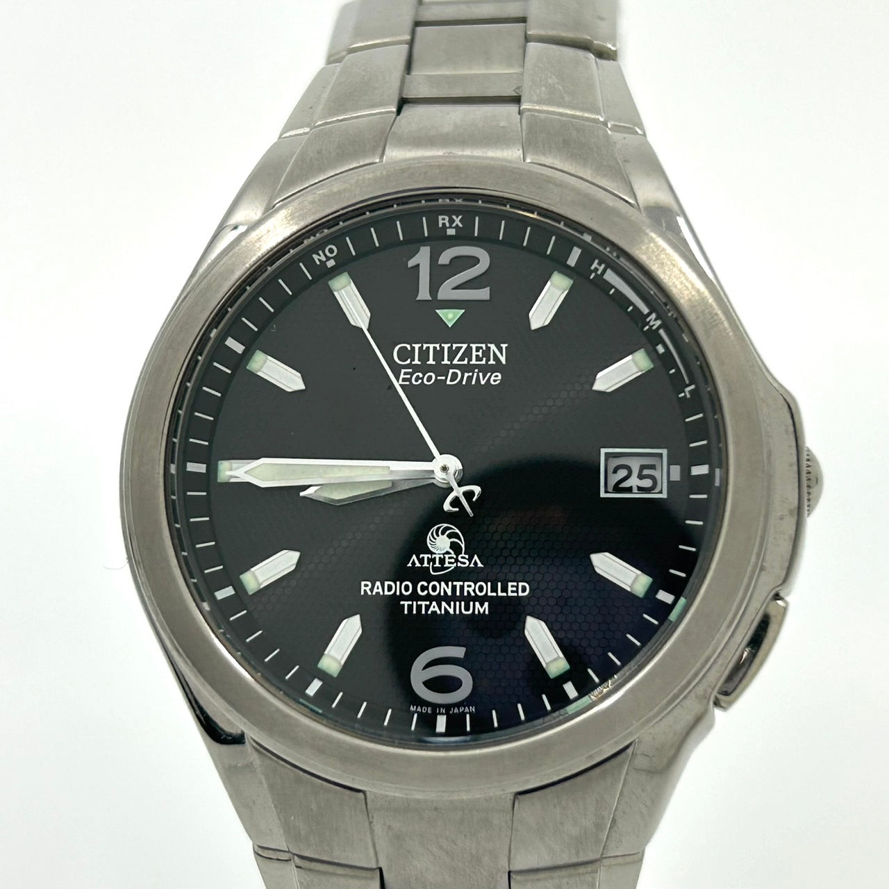 【稼働品】CITIZEN ATTESA シチズン アテッサ メンズ腕時計 エコドライブ H410 電波ソーラー チタン ブラック文字盤 デイト アナログ ビジネスウォッチ スタイリッシュ クラシックデザイン DURATECT クリーニング済み G6