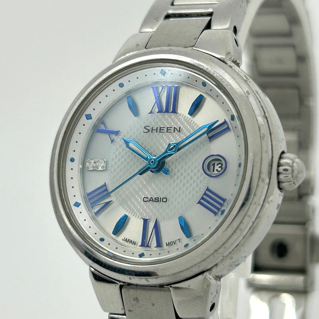 【稼働品】CASIO SHEEN カシオ シーン レディース腕時計 SHE-4516 ソーラー サファイアガラス ホワイト文字盤 ブルーインデックス デイト ダイヤモンド ラウンド アナログ エレガント クラシックデザイン クリーニング済み G6