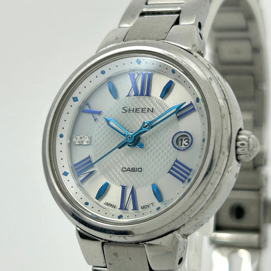 【稼働品】CASIO SHEEN カシオ シーン レディース腕時計 SHE-4516 ソーラー サファイアガラス ホワイト文字盤 ブルーインデックス デイト ダイヤモンド ラウンド アナログ エレガント クラシックデザイン クリーニング済み G6