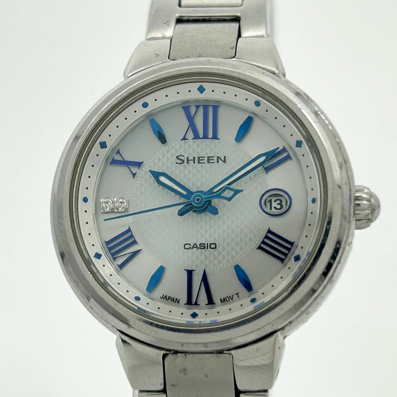 【稼働品】CASIO SHEEN カシオ シーン レディース腕時計 SHE-4516 ソーラー サファイアガラス ホワイト文字盤 ブルーインデックス デイト ダイヤモンド ラウンド アナログ エレガント クラシックデザイン クリーニング済み G6