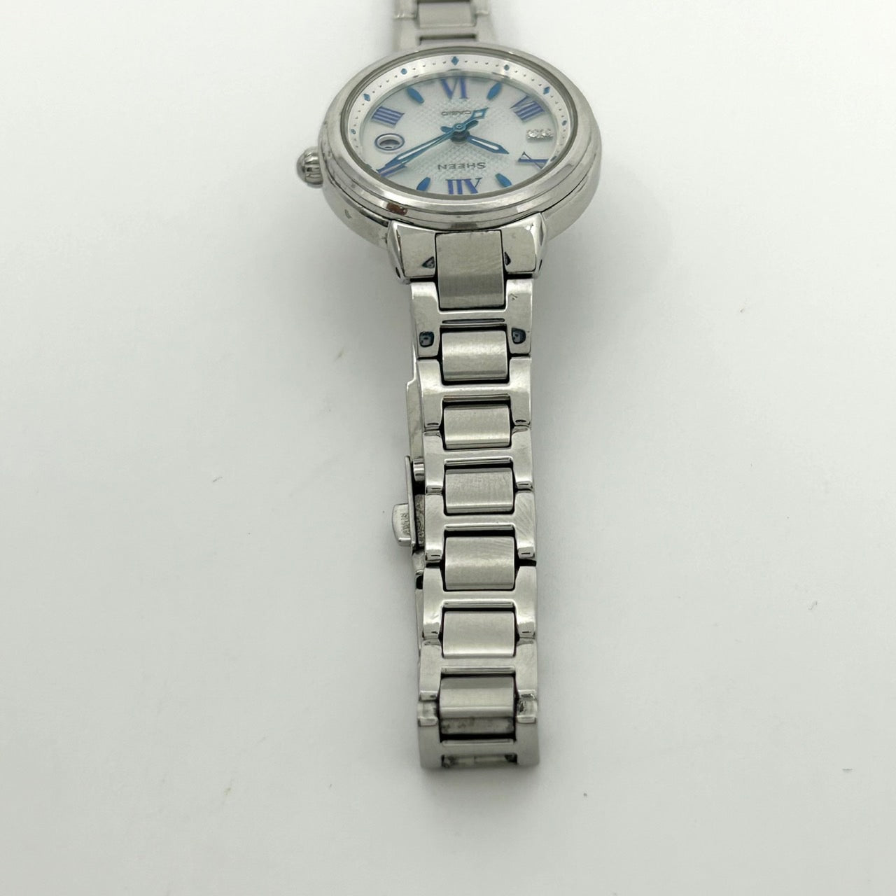 【稼働品】CASIO SHEEN カシオ シーン レディース腕時計 SHE-4516 ソーラー サファイアガラス ホワイト文字盤 ブルーインデックス デイト ダイヤモンド ラウンド アナログ エレガント クラシックデザイン クリーニング済み G6