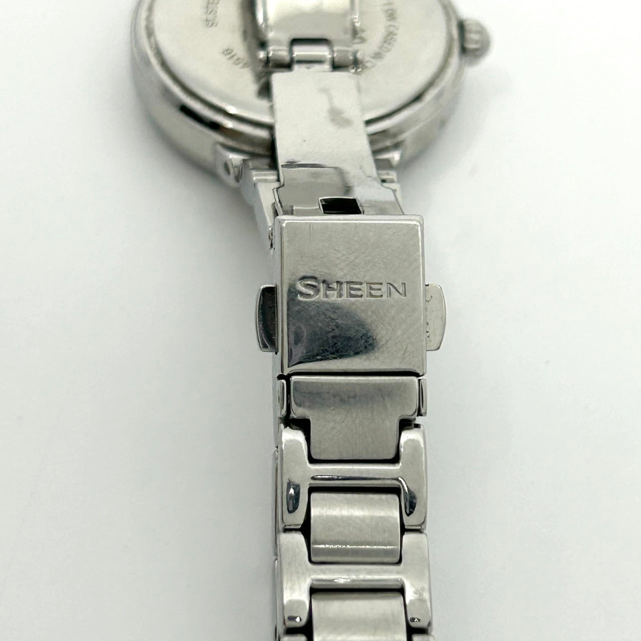 【稼働品】CASIO SHEEN カシオ シーン レディース腕時計 SHE-4516 ソーラー サファイアガラス ホワイト文字盤 ブルーインデックス デイト ダイヤモンド ラウンド アナログ エレガント クラシックデザイン クリーニング済み G6
