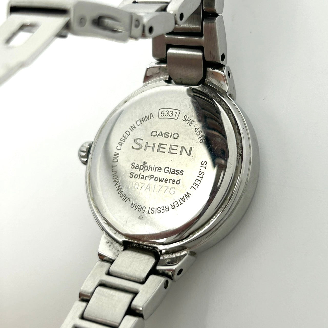 【稼働品】CASIO SHEEN カシオ シーン レディース腕時計 SHE-4516 ソーラー サファイアガラス ホワイト文字盤 ブルーインデックス デイト ダイヤモンド ラウンド アナログ エレガント クラシックデザイン クリーニング済み G6