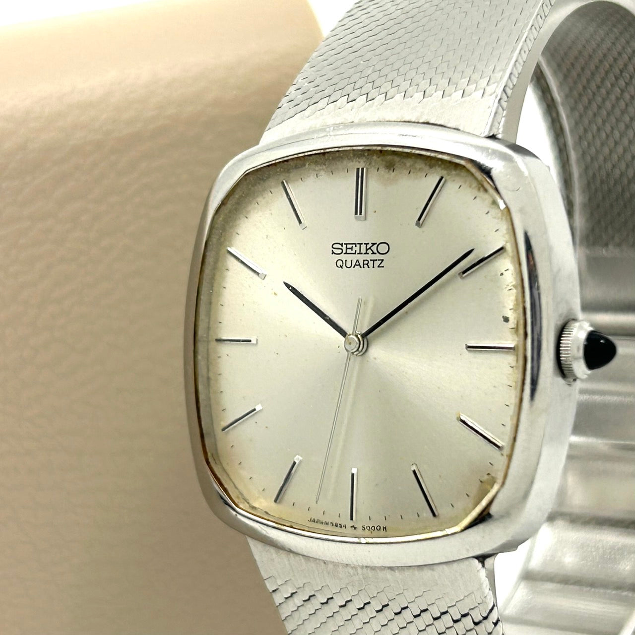 【稼働品】SEIKO セイコー メンズ腕時計 5854-5000 クオーツ スクエア シルバー文字盤 アナログ メッシュベルト ビンテージ アンティーク クラシック ドレスウォッチ シンプル ビジネスウォッチ クリーニング済み G
