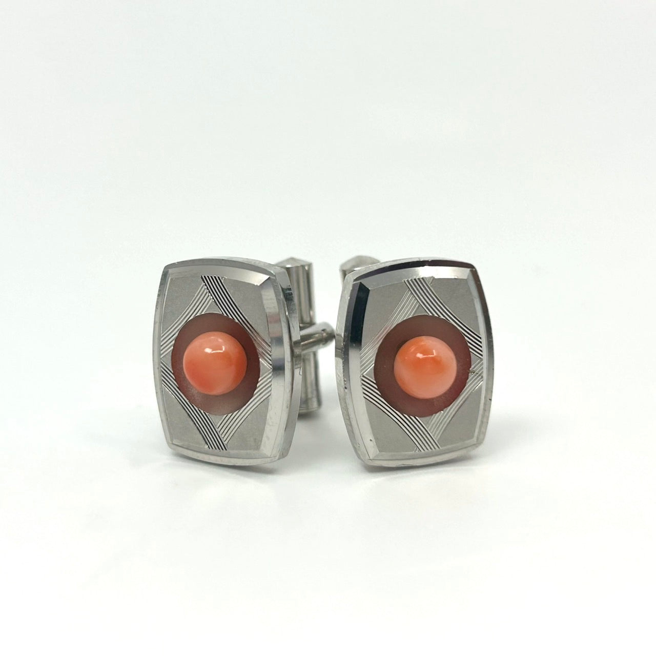 ヴィンテージ 赤珊瑚 レッド カフスボタン メンズ アクセサリー シルバー台座 フォーマル スーツ ビジネス 高級感 ギフト I9