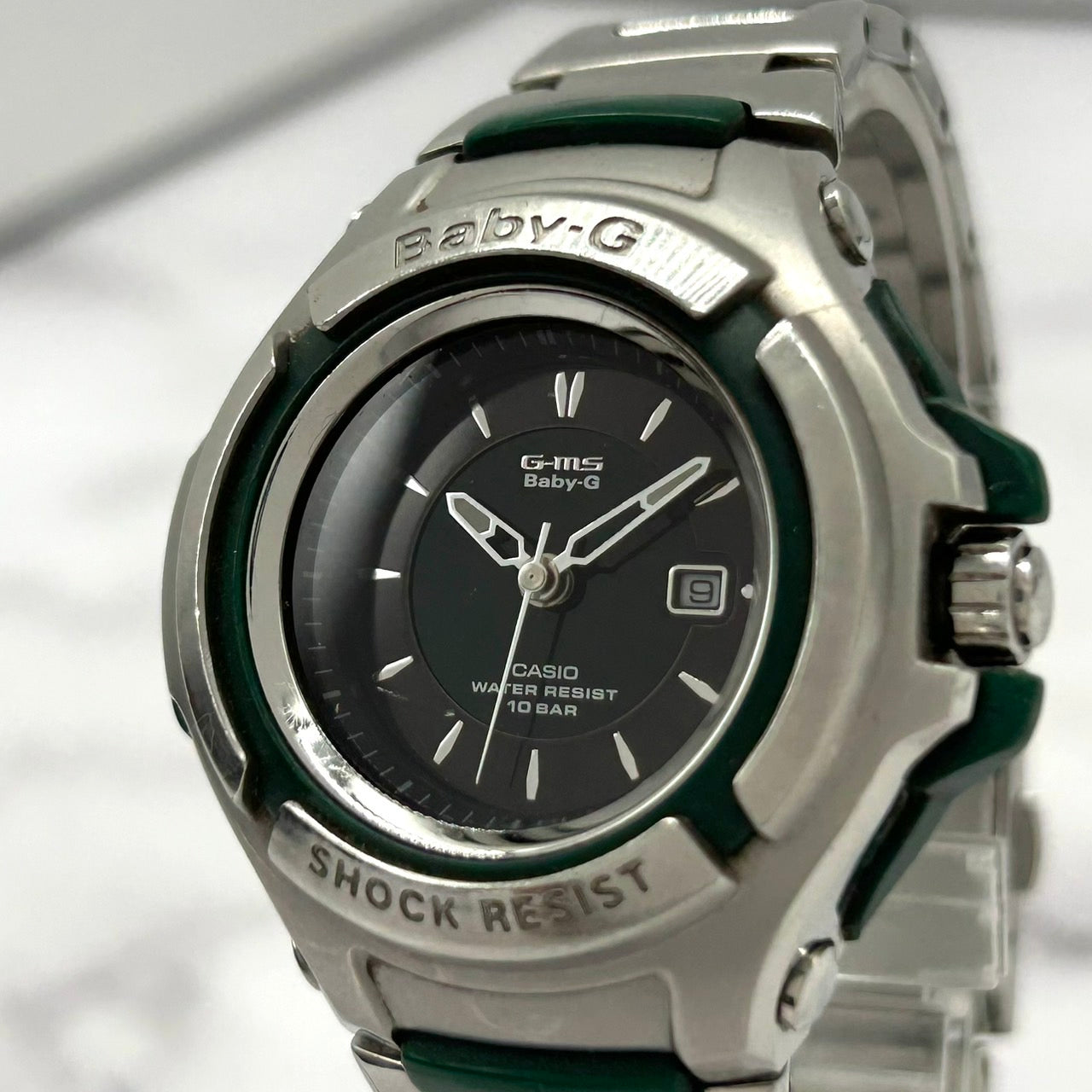 【限定モデル】 電池交換済 稼働品 希少 CASIO Baby-G G-MS MSG-550CR Chara コラボ 限定モデル レディース 腕時計 チャラ シルバー グリーン アナログ デイト表示 クオーツ 耐衝撃構造 裏蓋サイン刻印「小さな夢 大きな夢」G6