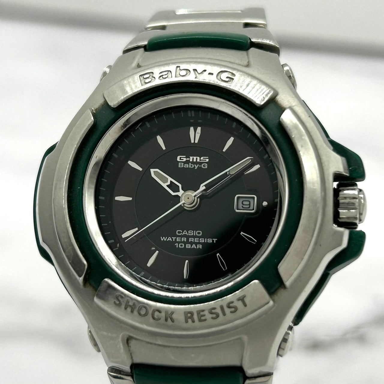 【限定モデル】 電池交換済 稼働品 希少 CASIO Baby-G G-MS MSG-550CR Chara コラボ 限定モデル レディース 腕時計 チャラ シルバー グリーン アナログ デイト表示 クオーツ 耐衝撃構造 裏蓋サイン刻印「小さな夢 大きな夢」G6