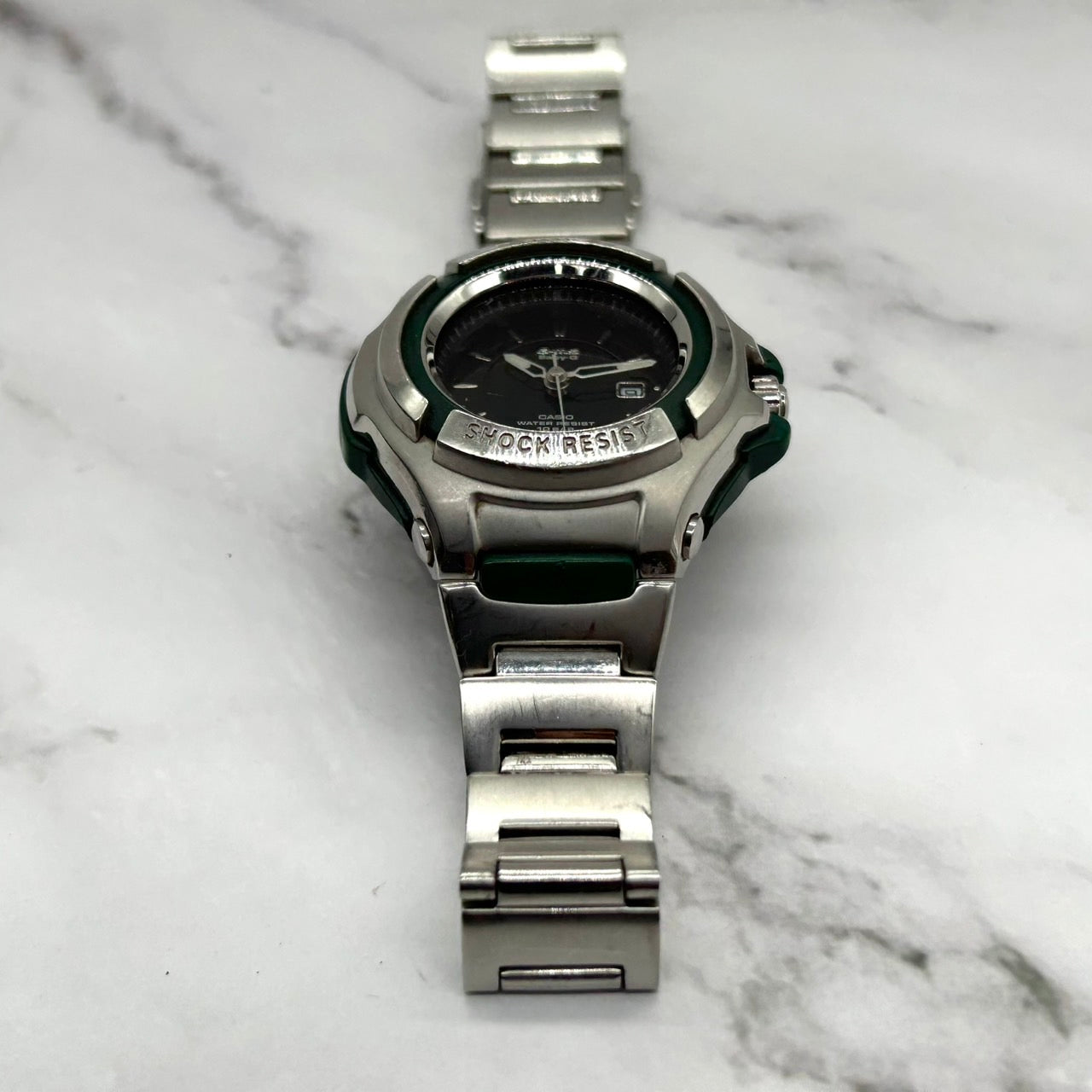 【限定モデル】 電池交換済 稼働品 希少 CASIO Baby-G G-MS MSG-550CR Chara コラボ 限定モデル レディース 腕時計 チャラ シルバー グリーン アナログ デイト表示 クオーツ 耐衝撃構造 裏蓋サイン刻印「小さな夢 大きな夢」G6