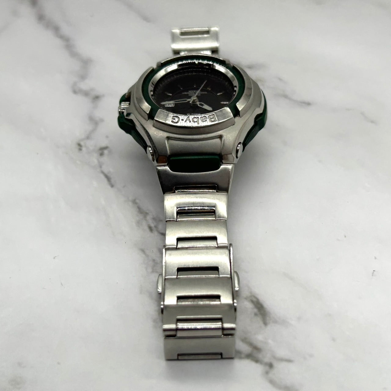 【限定モデル】 電池交換済 稼働品 希少 CASIO Baby-G G-MS MSG-550CR Chara コラボ 限定モデル レディース 腕時計 チャラ シルバー グリーン アナログ デイト表示 クオーツ 耐衝撃構造 裏蓋サイン刻印「小さな夢 大きな夢」G6