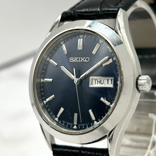 【新品ベルト（社外品）／電池交換済／稼働品】SEIKO セイコー メンズ 7N43-9070 デイデイト 曜日 日付 ネイビー文字盤 シルバー ブラックレザー クオーツ アナログ クラシック ビジネス ドレスウォッチ スタイリッシュ クリーニング済 G6