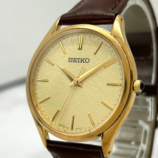 【新品ベルト（社外品）／電池交換済／稼働品】SEIKO DOLCE セイコー ドルチェ メンズ 腕時計 8J41-0AJ0 ゴールド文字盤 ブラウンレザー クオーツ 薄型 エレガント クラシック ドレスウォッチ ビンテージ 高級感 クリーニング済 G6