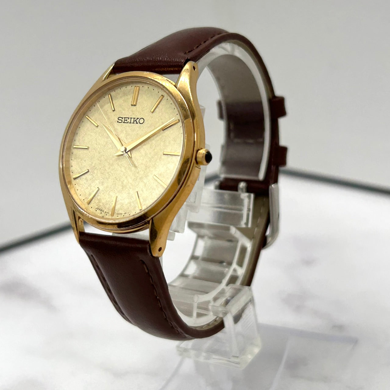 【新品ベルト（社外品）／電池交換済／稼働品】SEIKO DOLCE セイコー ドルチェ メンズ 腕時計 8J41-0AJ0 ゴールド文字盤 ブラウンレザー クオーツ 薄型 エレガント クラシック ドレスウォッチ ビンテージ 高級感 クリーニング済 G6