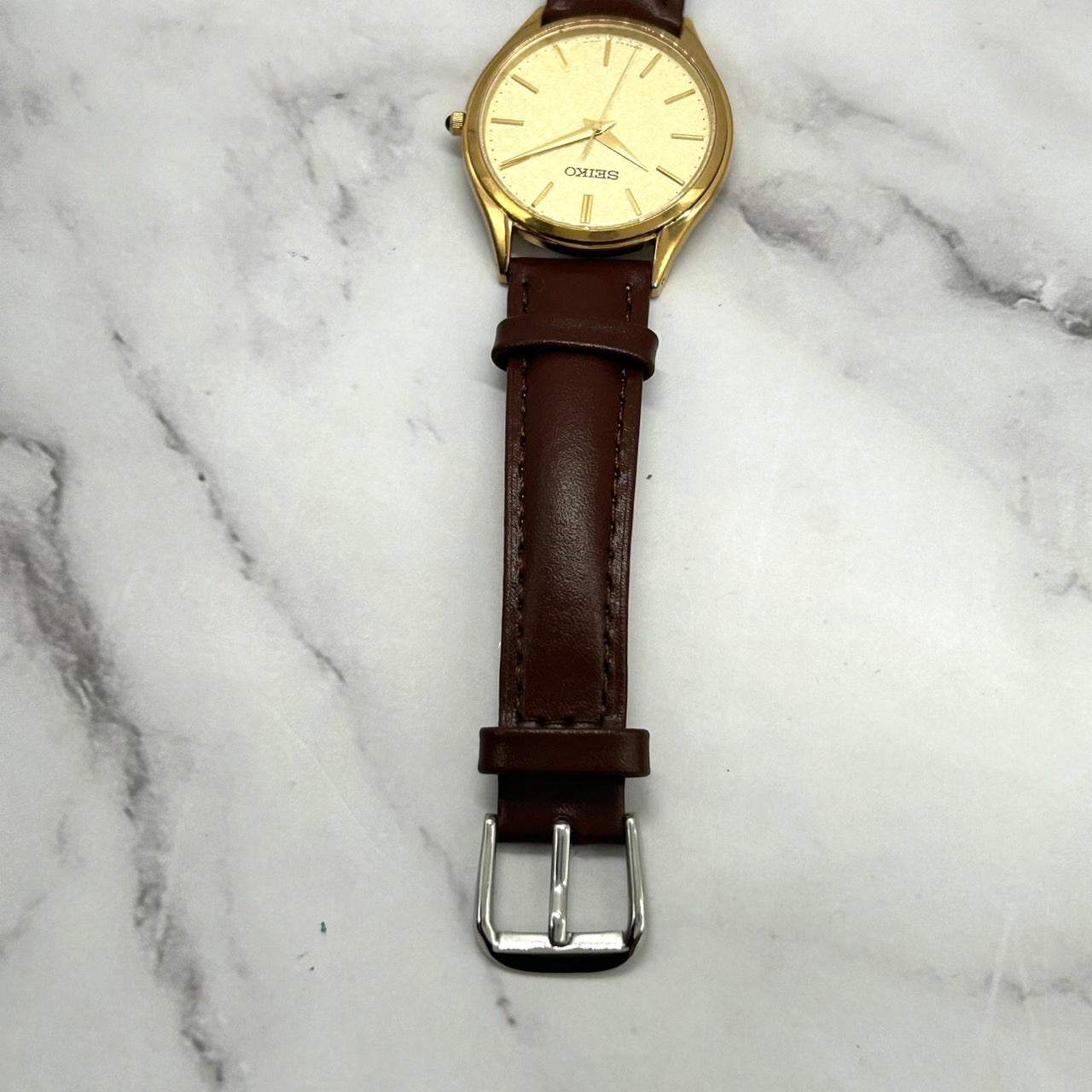 【新品ベルト（社外品）／電池交換済／稼働品】SEIKO DOLCE セイコー ドルチェ メンズ 腕時計 8J41-0AJ0 ゴールド文字盤 ブラウンレザー クオーツ 薄型 エレガント クラシック ドレスウォッチ ビンテージ 高級感 クリーニング済 G6