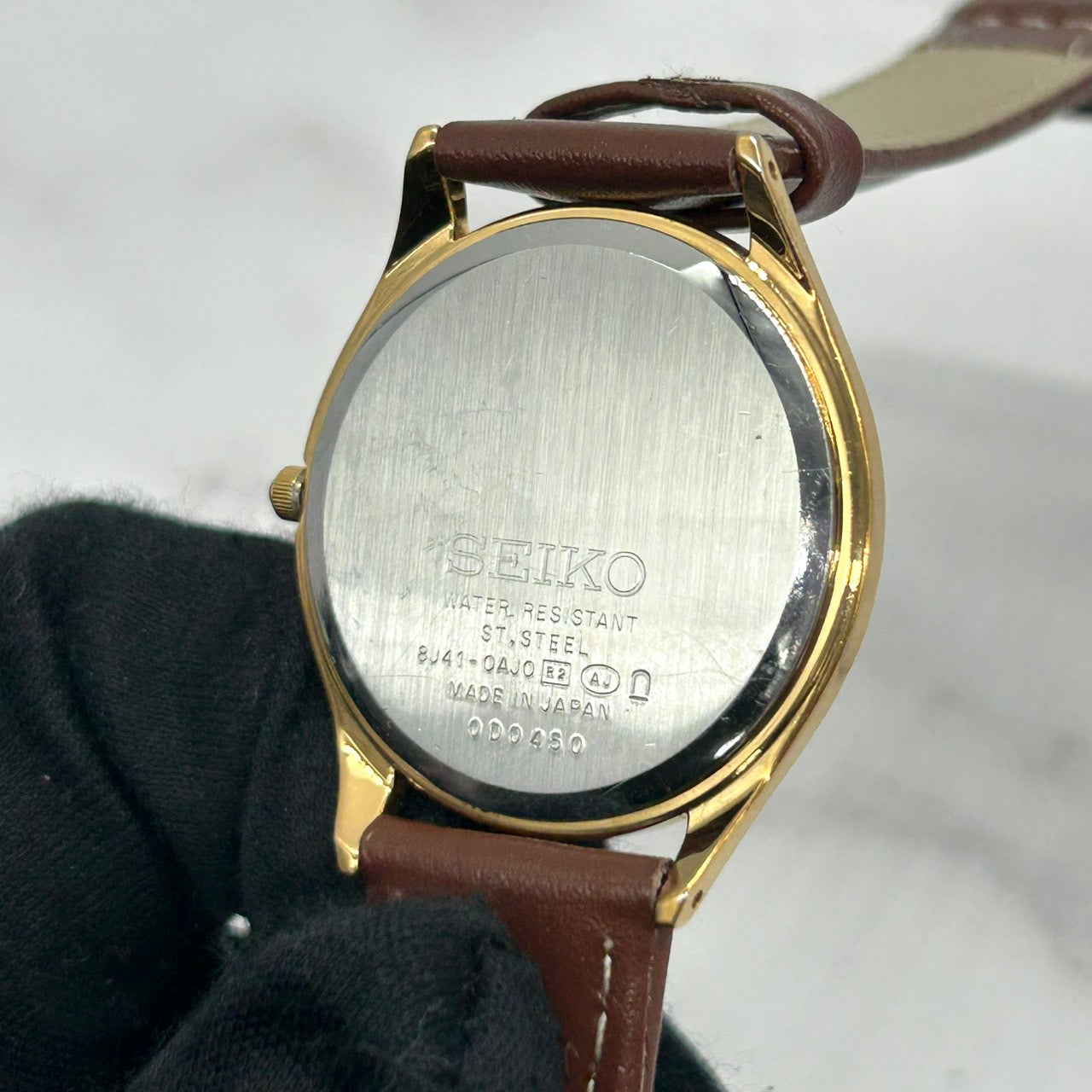 【新品ベルト（社外品）／電池交換済／稼働品】SEIKO DOLCE セイコー ドルチェ メンズ 腕時計 8J41-0AJ0 ゴールド文字盤 ブラウンレザー クオーツ 薄型 エレガント クラシック ドレスウォッチ ビンテージ 高級感 クリーニング済 G6