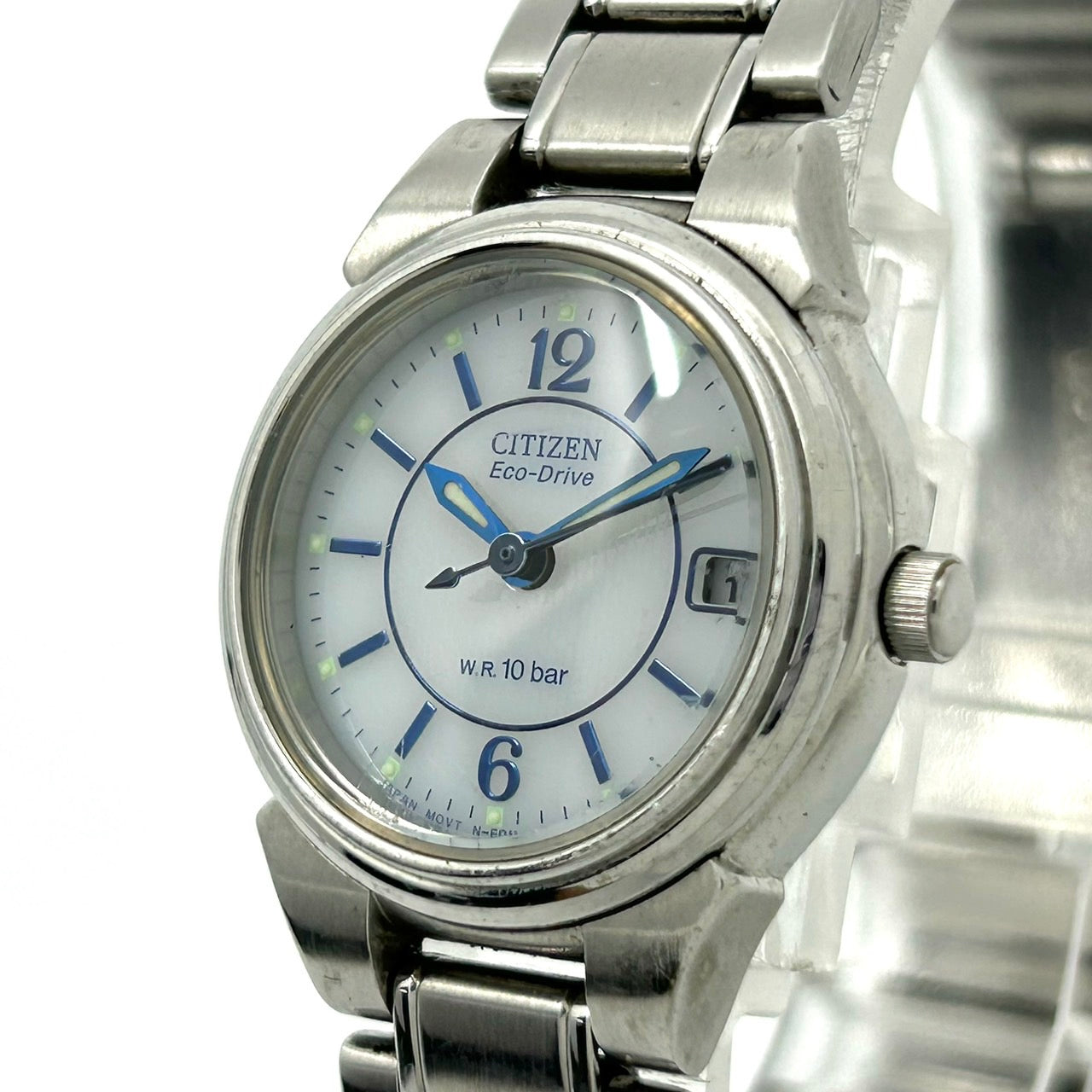 【稼働品】シチズン エコドライブ 腕時計 レディース E011-S027144 ソーラー W.R. 10 BAR アナログ デイト表示 白文字盤 ステンレス シルバー シンプル クラシック エレガント カジュアル ビジネス 通勤 クリーニング済 G5