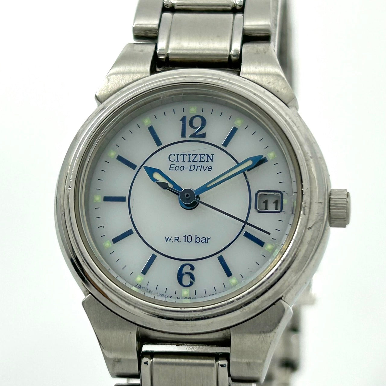 【稼働品】シチズン エコドライブ 腕時計 レディース E011-S027144 ソーラー W.R. 10 BAR アナログ デイト表示 白文字盤 ステンレス シルバー シンプル クラシック エレガント カジュアル ビジネス 通勤 クリーニング済 G5