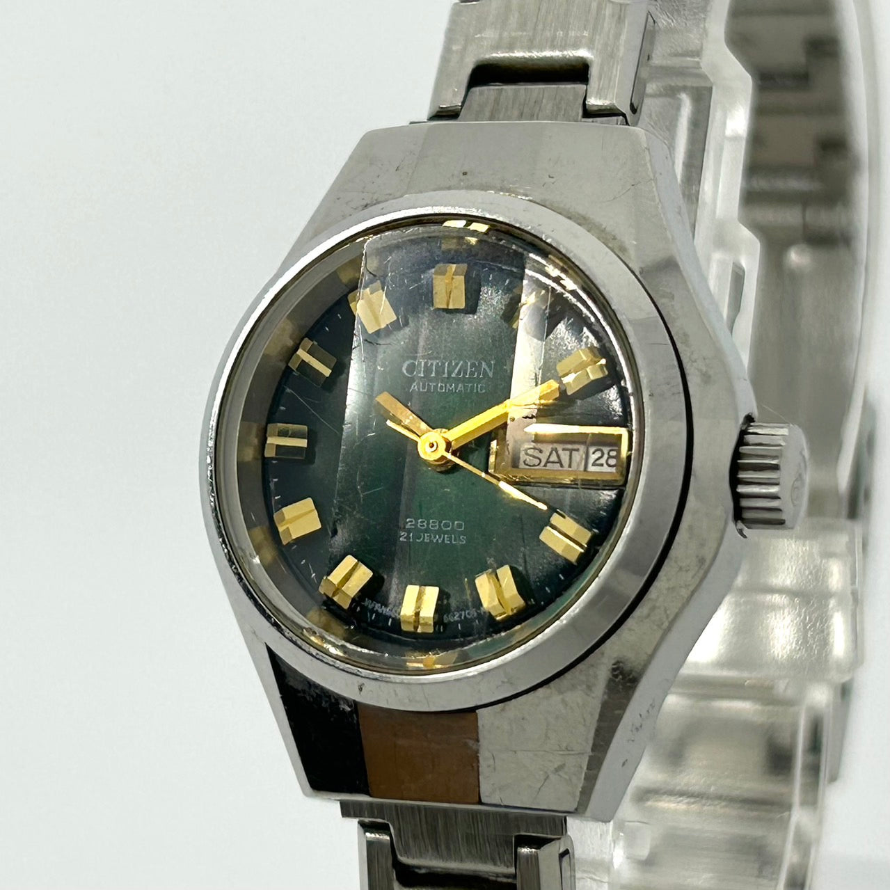 【稼働品】希少 citizen シチズン オートマチック 腕時計 レディース 4-661125 Y 自動巻き 21石 デイデイト グリーン文字盤 ビンテージ クラシック レトロ アナログ ドレスウォッチ シルバー カットガラス G5