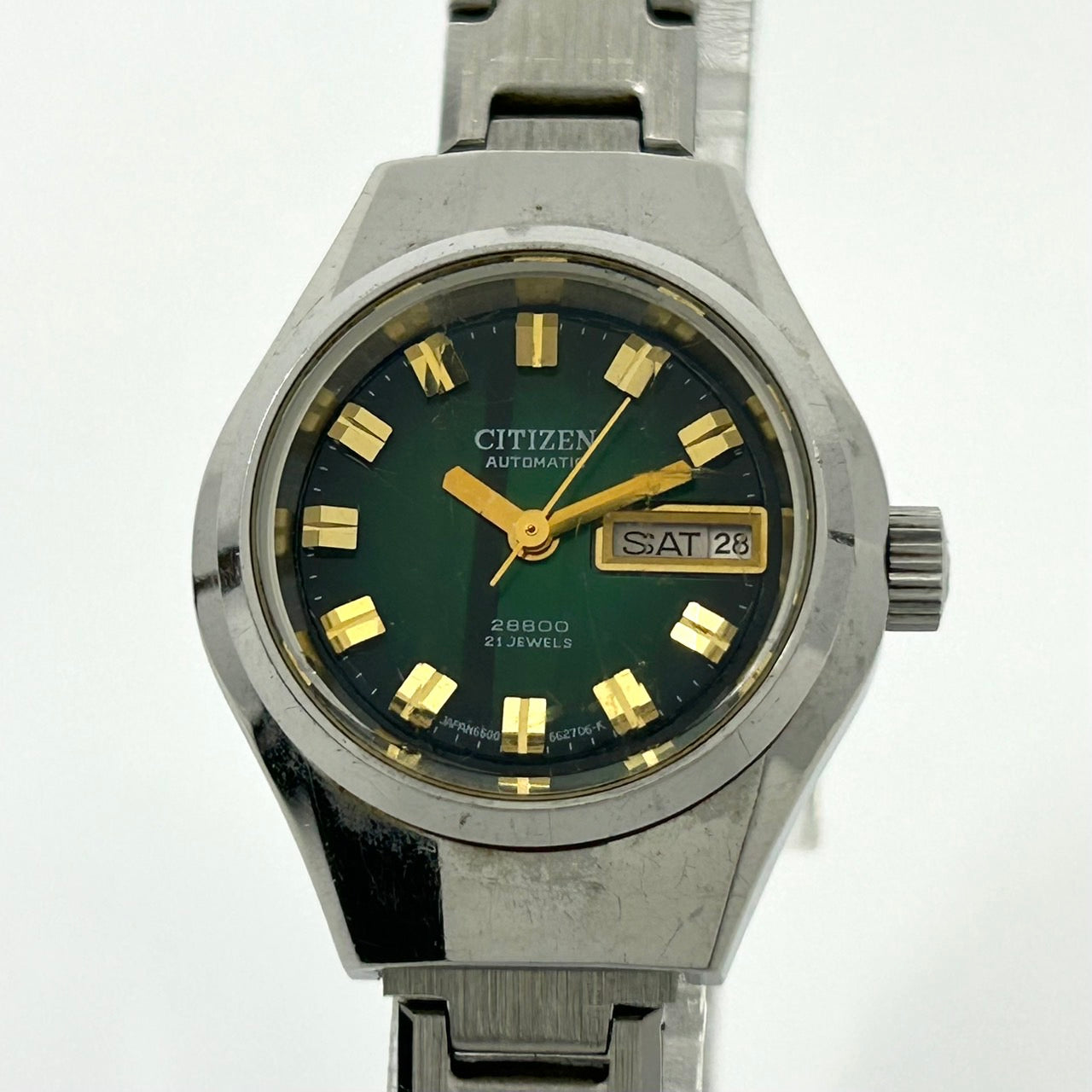 【稼働品】希少 citizen シチズン オートマチック 腕時計 レディース 4-661125 Y 自動巻き 21石 デイデイト グリーン文字盤 ビンテージ クラシック レトロ アナログ ドレスウォッチ シルバー カットガラス G5