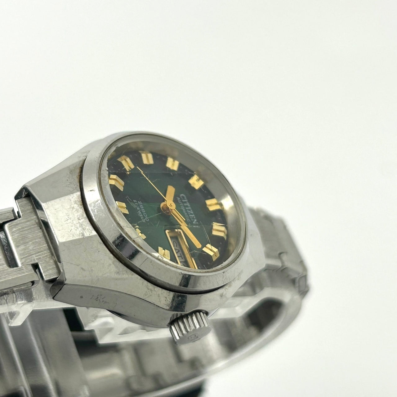 【稼働品】希少 citizen シチズン オートマチック 腕時計 レディース 4-661125 Y 自動巻き 21石 デイデイト グリーン文字盤 ビンテージ クラシック レトロ アナログ ドレスウォッチ シルバー カットガラス G5