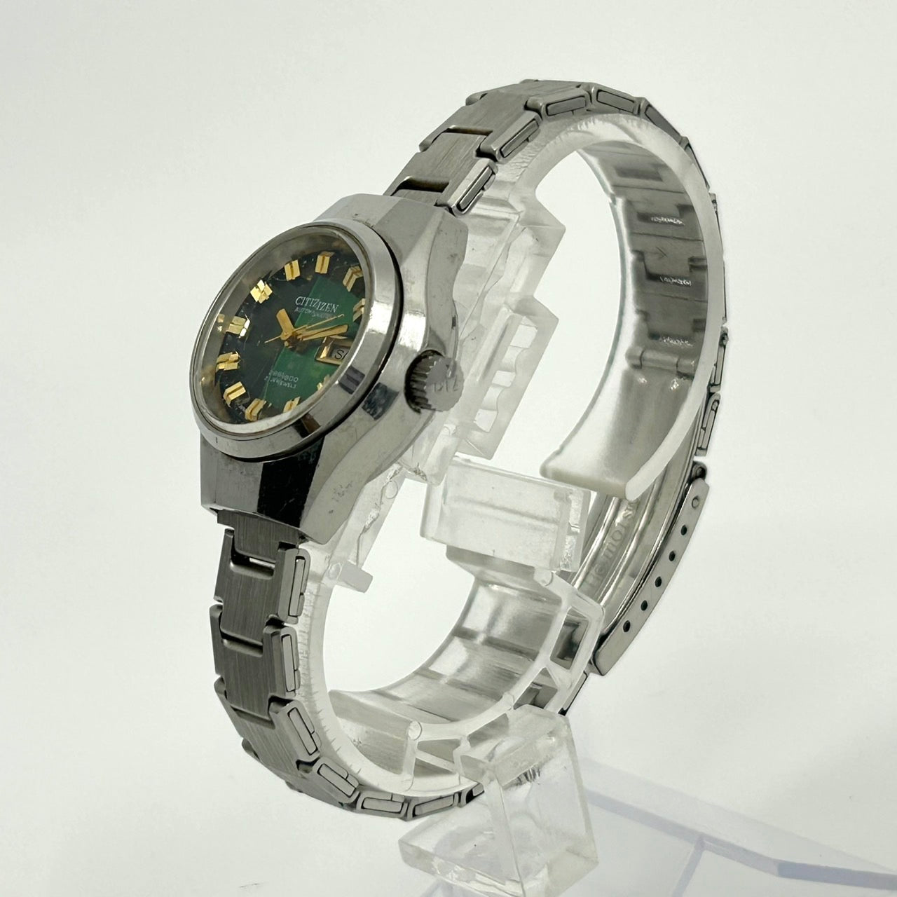 【稼働品】希少 citizen シチズン オートマチック 腕時計 レディース 4-661125 Y 自動巻き 21石 デイデイト グリーン文字盤 ビンテージ クラシック レトロ アナログ ドレスウォッチ シルバー カットガラス G5