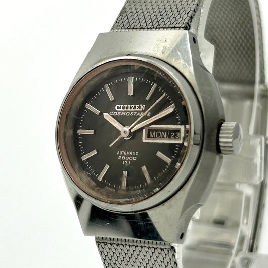 【稼働品】希少 シチズン コスモスターV2 腕時計 4-660536 Y 自動巻き 17石 デイデイト 黒文字盤 メンズ レディース ユニセックス ビンテージ アンティーク クラシック レトロ アナログ ドレスウォッチ シルバー クリーニング済 G5