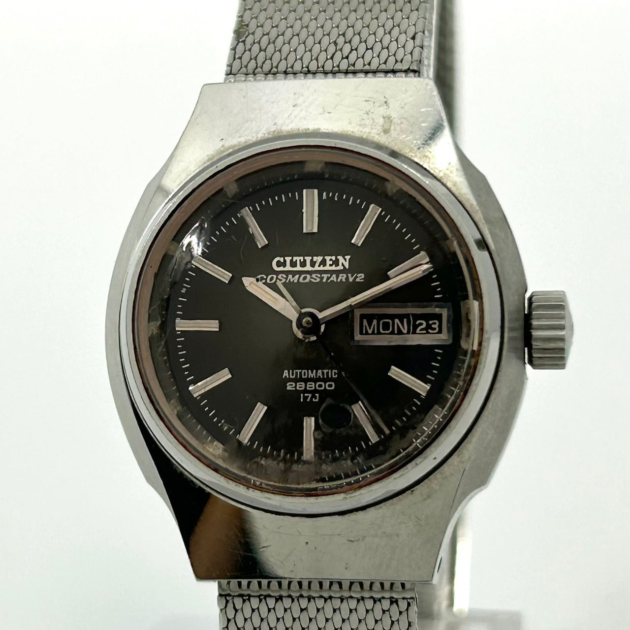 【稼働品】希少 シチズン コスモスターV2 腕時計 4-660536 Y 自動巻き 17石 デイデイト 黒文字盤 メンズ レディース ユニセックス ビンテージ アンティーク クラシック レトロ アナログ ドレスウォッチ シルバー クリーニング済 G5