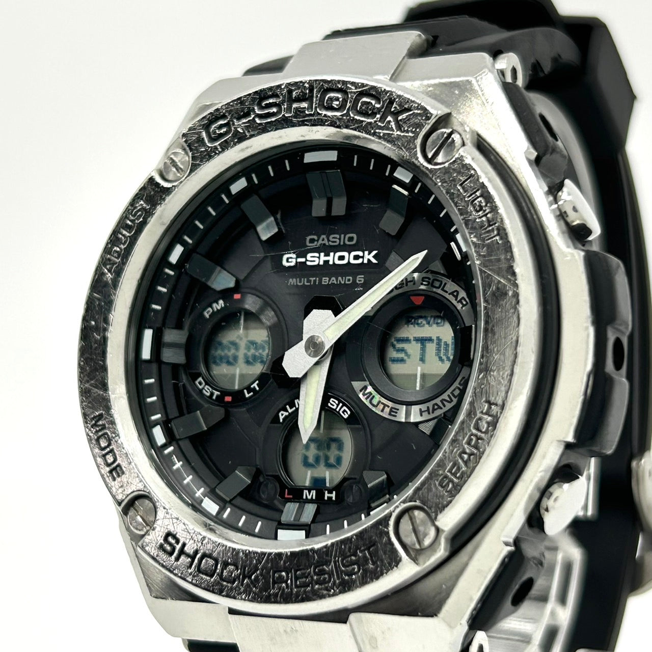 【稼働品】カシオ Gショック Gスチール 腕時計 GST-W110 メンズ タフソーラー 電波ソーラー デジアナ MULTI BAND 6 ブラック シルバー ラバーベルト ラウンド 高機能 耐衝撃構造 ストリート アウトドア カジュアル クリーニング済 G3