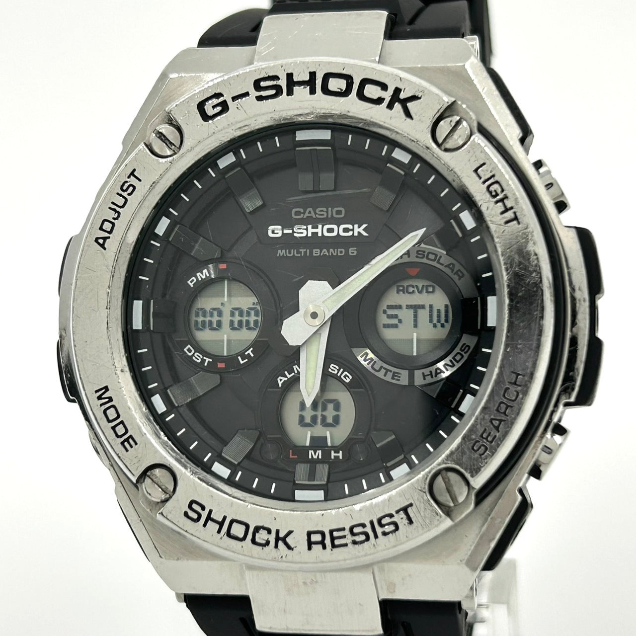 【稼働品】カシオ Gショック Gスチール 腕時計 GST-W110 メンズ タフソーラー 電波ソーラー デジアナ MULTI BAND 6 ブラック シルバー ラバーベルト ラウンド 高機能 耐衝撃構造 ストリート アウトドア カジュアル クリーニング済 G3