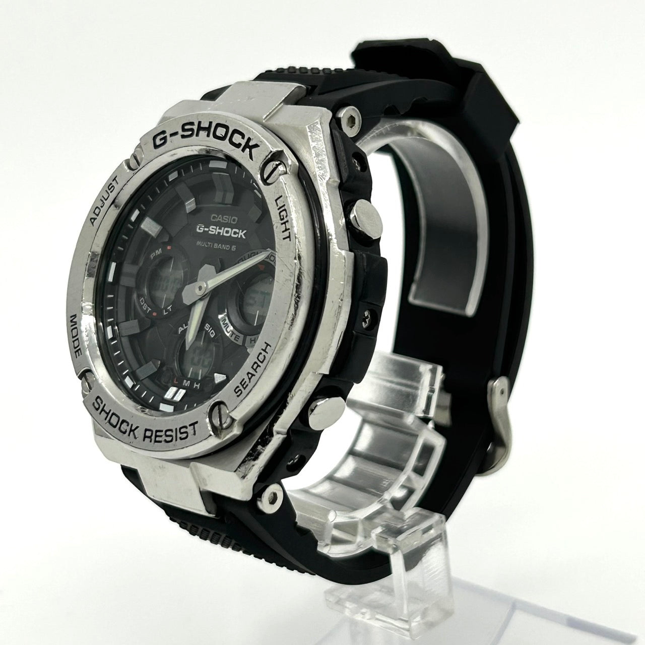 【稼働品】カシオ Gショック Gスチール 腕時計 GST-W110 メンズ タフソーラー 電波ソーラー デジアナ MULTI BAND 6 ブラック シルバー ラバーベルト ラウンド 高機能 耐衝撃構造 ストリート アウトドア カジュアル クリーニング済 G3