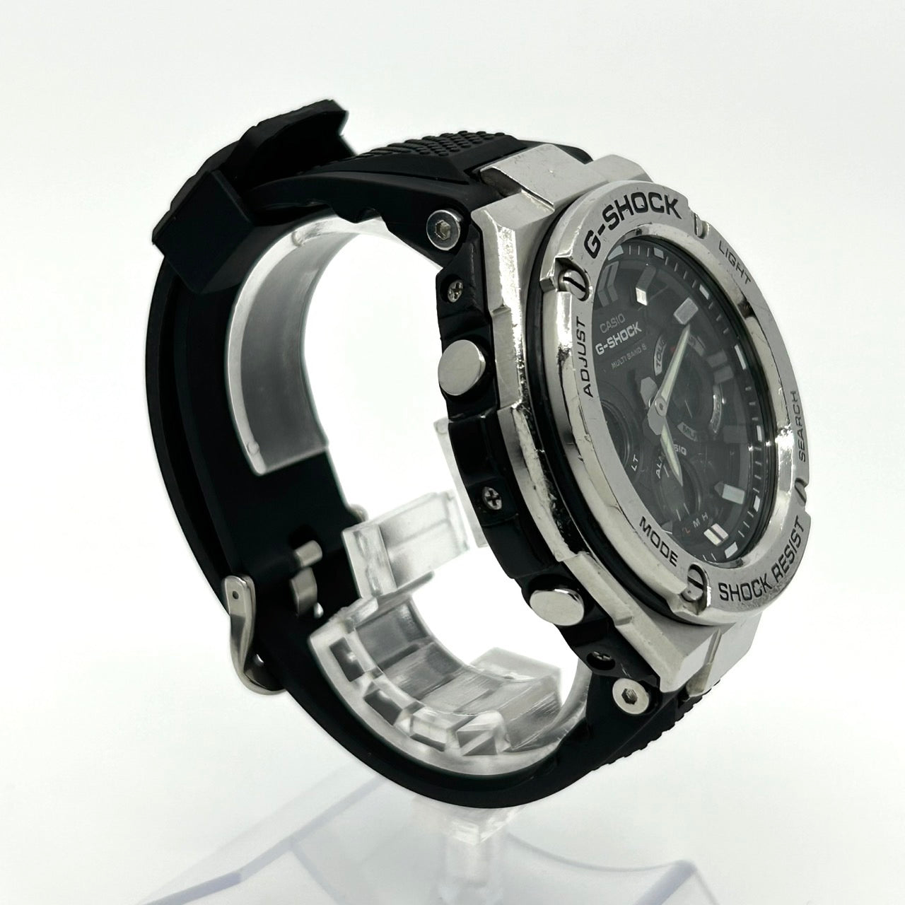 【稼働品】カシオ Gショック Gスチール 腕時計 GST-W110 メンズ タフソーラー 電波ソーラー デジアナ MULTI BAND 6 ブラック シルバー ラバーベルト ラウンド 高機能 耐衝撃構造 ストリート アウトドア カジュアル クリーニング済 G3