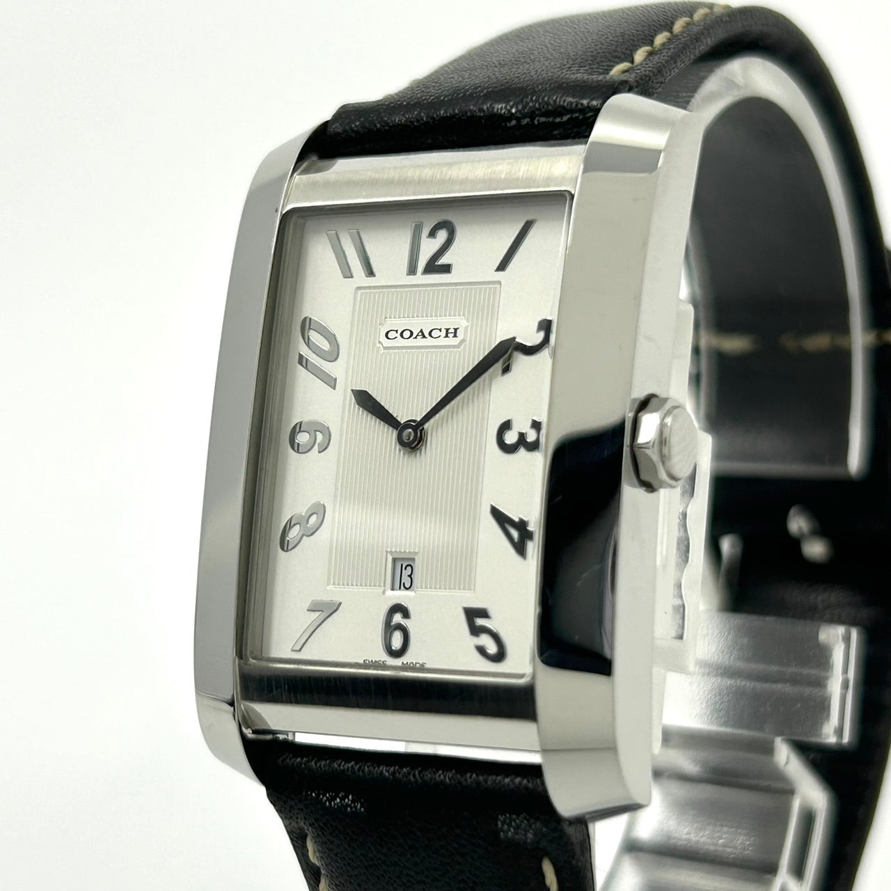 【電池交換済】 COACH コーチ 腕時計 0242 6.795.480 ユニセックス クオーツ レクタンギュラー デイト アナログ 白文字盤 レザーベルト スイス製 クラシック エレガント ドレスウォッチ ビジネス 通勤 通学 メンズ レディース G3