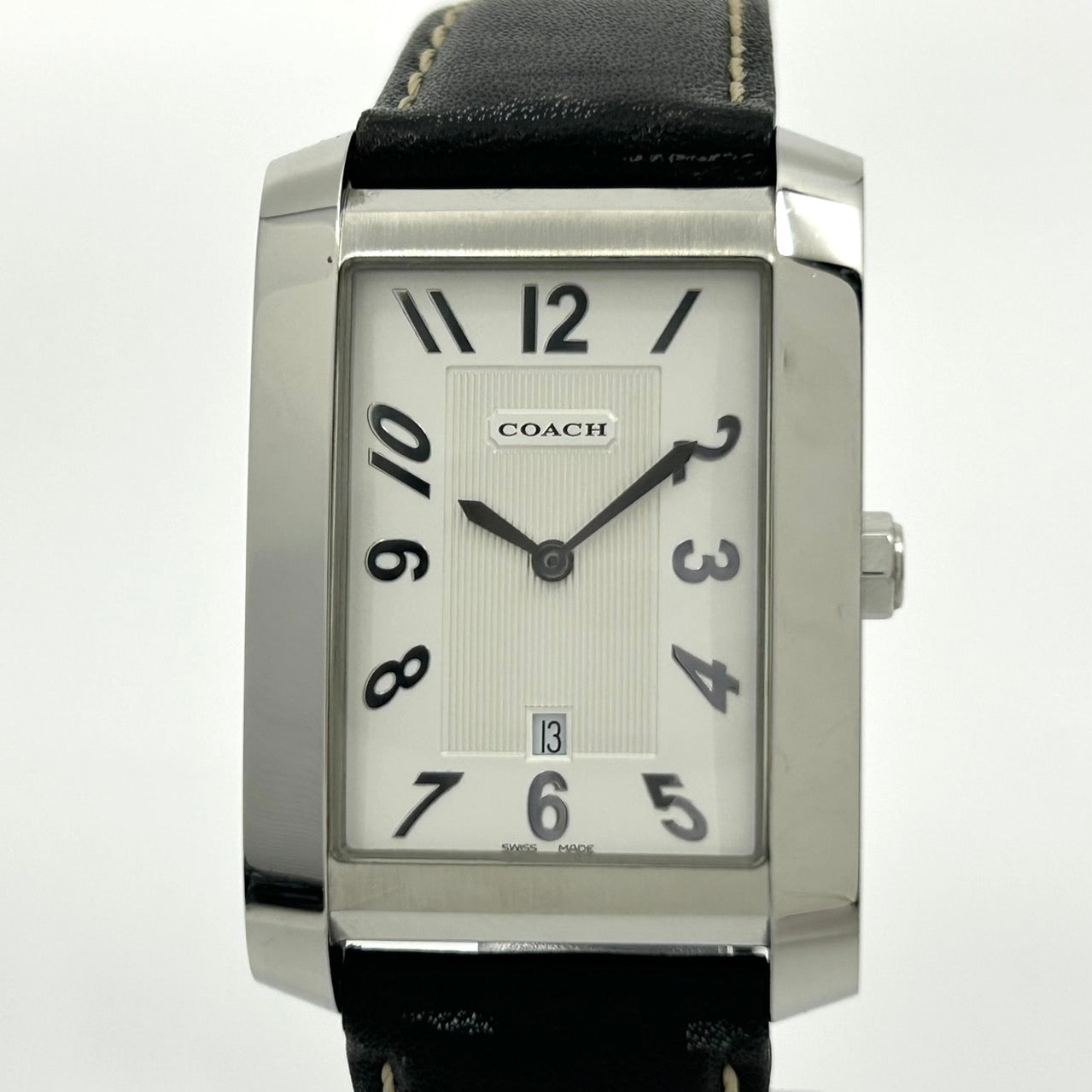 【電池交換済】 COACH コーチ 腕時計 0242 6.795.480 ユニセックス クオーツ レクタンギュラー デイト アナログ 白文字盤 レザーベルト スイス製 クラシック エレガント ドレスウォッチ ビジネス 通勤 通学 メンズ レディース G3