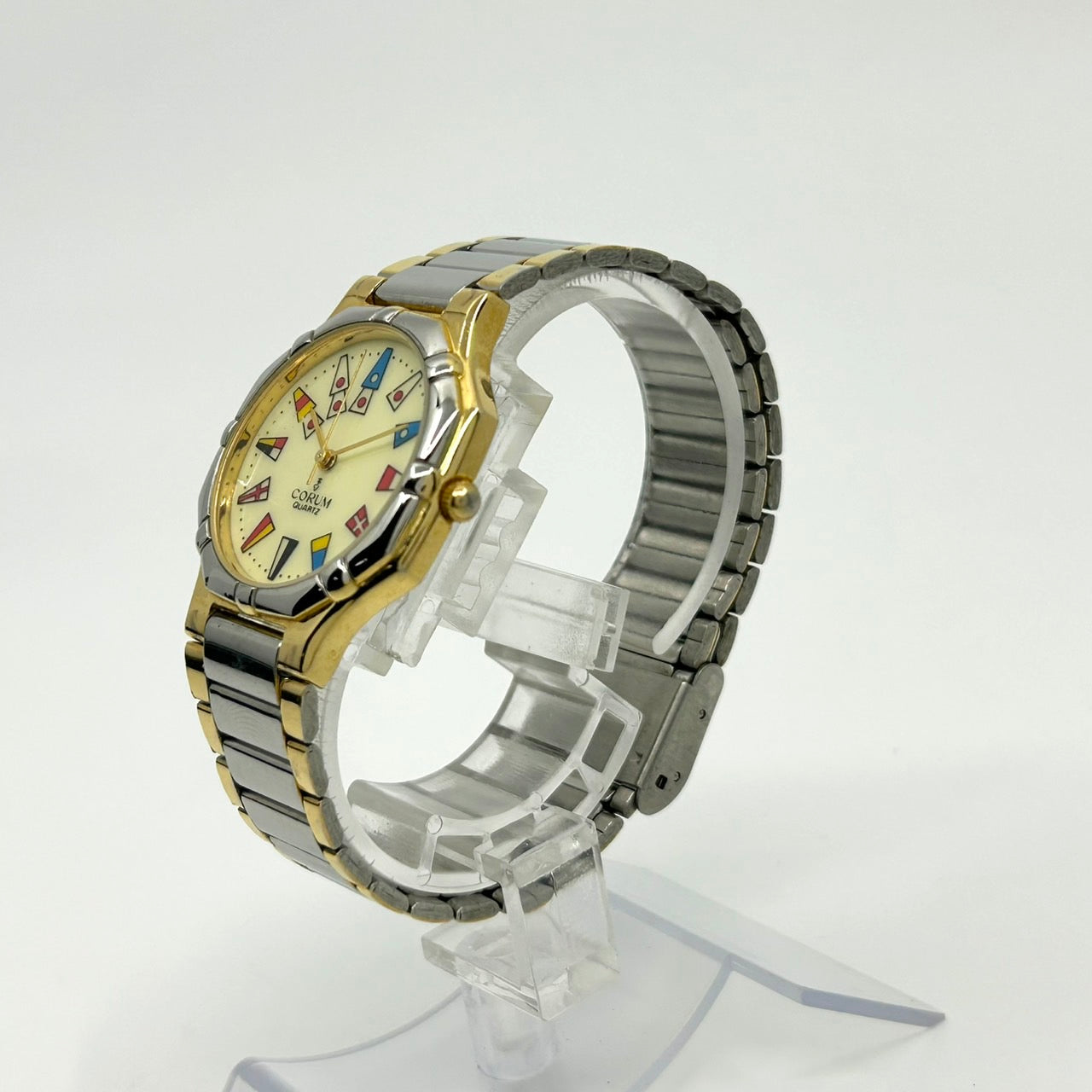 【電池交換済】希少 CORUM コルム アドミラルズカップ 腕時計 メンズ レディース クオーツ 国際信号旗 イエロー文字盤 ゴールド シルバー コンビ ヴィンテージ アンティーク クラシック 高級 スイス製 ユニセックス エレガント G2