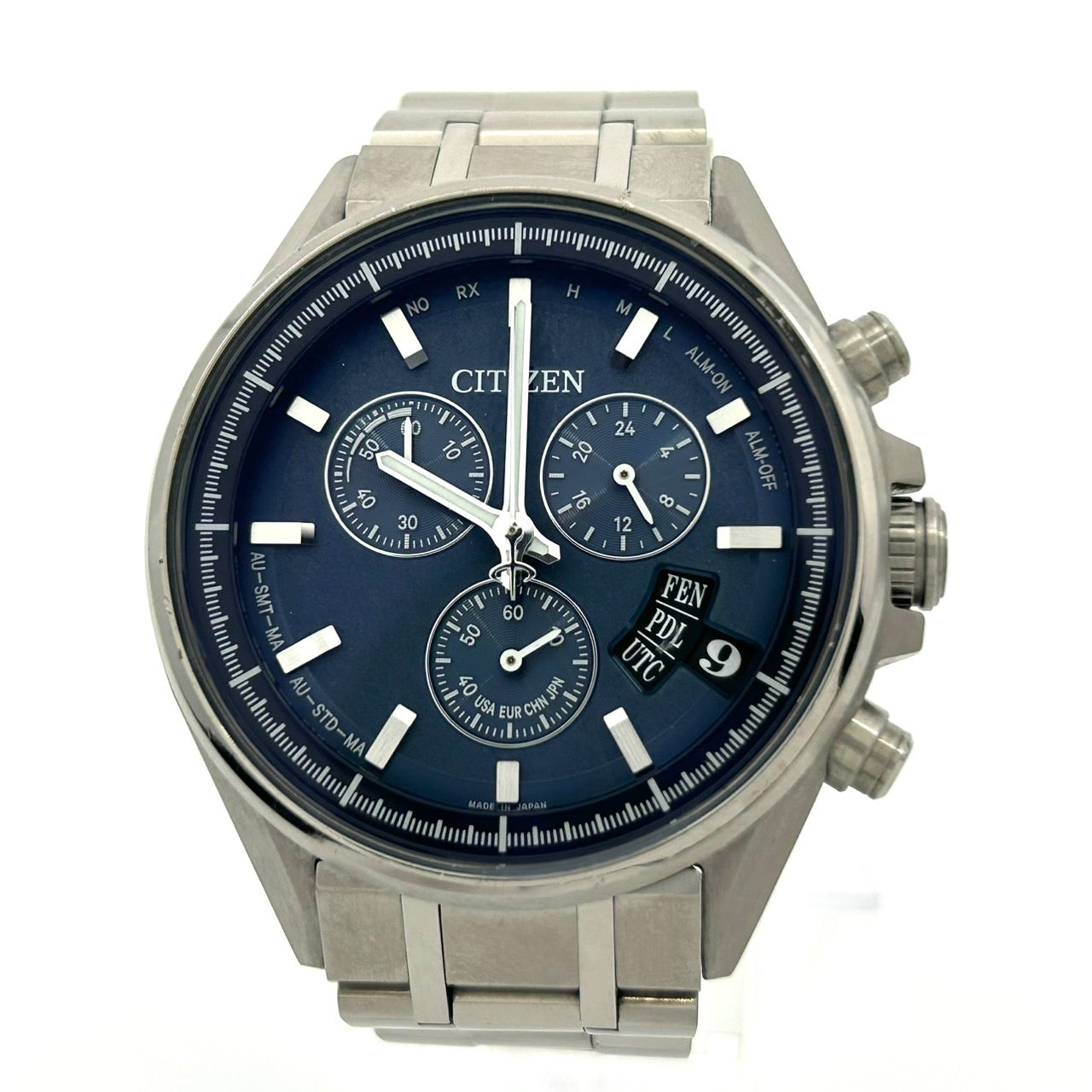 【極美品/稼働品】citizen シチズン アテッサ 腕時計 メンズ H610-T024564 エコドライブ 電波ソーラー クロノグラフ ワールドタイム デイト チタン ブルー文字盤 アナログ ビジネス 高機能 軽量 スタイリッシュ G2