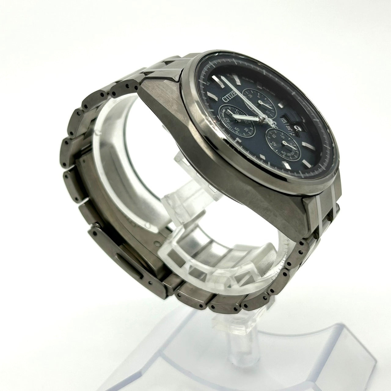 【極美品/稼働品】citizen シチズン アテッサ 腕時計 メンズ H610-T024564 エコドライブ 電波ソーラー クロノグラフ ワールドタイム デイト チタン ブルー文字盤 アナログ ビジネス 高機能 軽量 スタイリッシュ G2