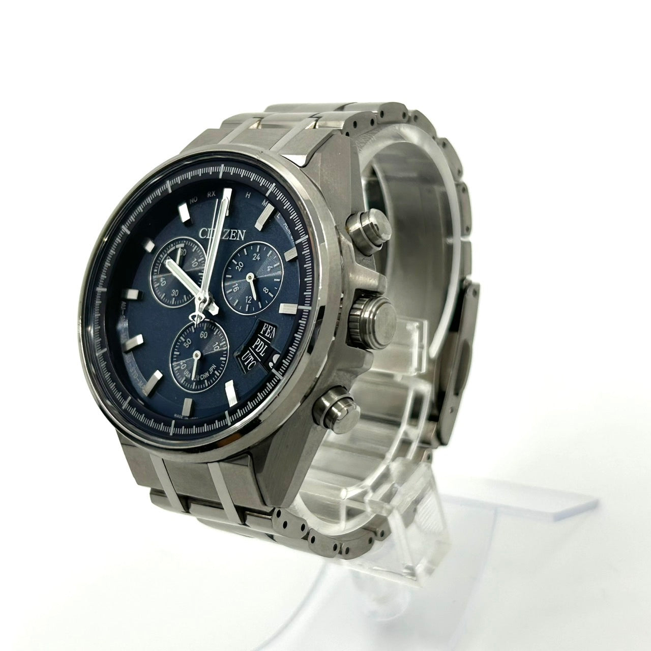 【極美品/稼働品】citizen シチズン アテッサ 腕時計 メンズ H610-T024564 エコドライブ 電波ソーラー クロノグラフ ワールドタイム デイト チタン ブルー文字盤 アナログ ビジネス 高機能 軽量 スタイリッシュ G2