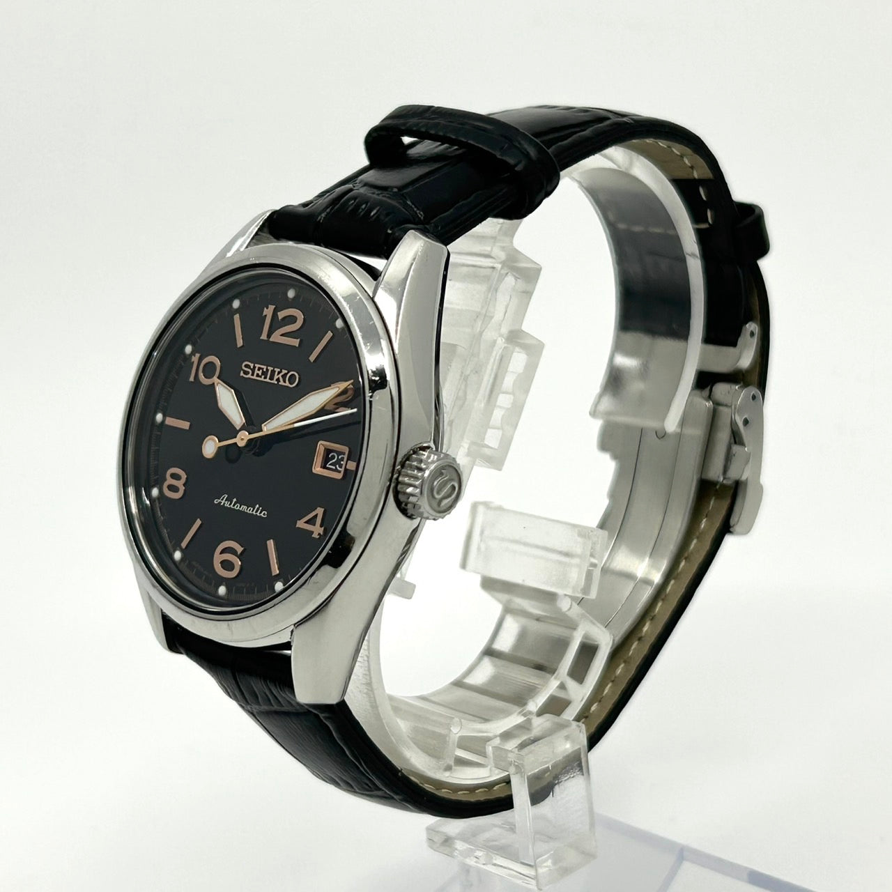 極美品 セイコー SEIKO プレサージュ 60周年記念 自動巻き メンズ腕時計 6R15-03K0 1956本限定 黒文字盤 デイト バックスケルトン レザー SS ドレスウォッチ エレガント クラシック G2