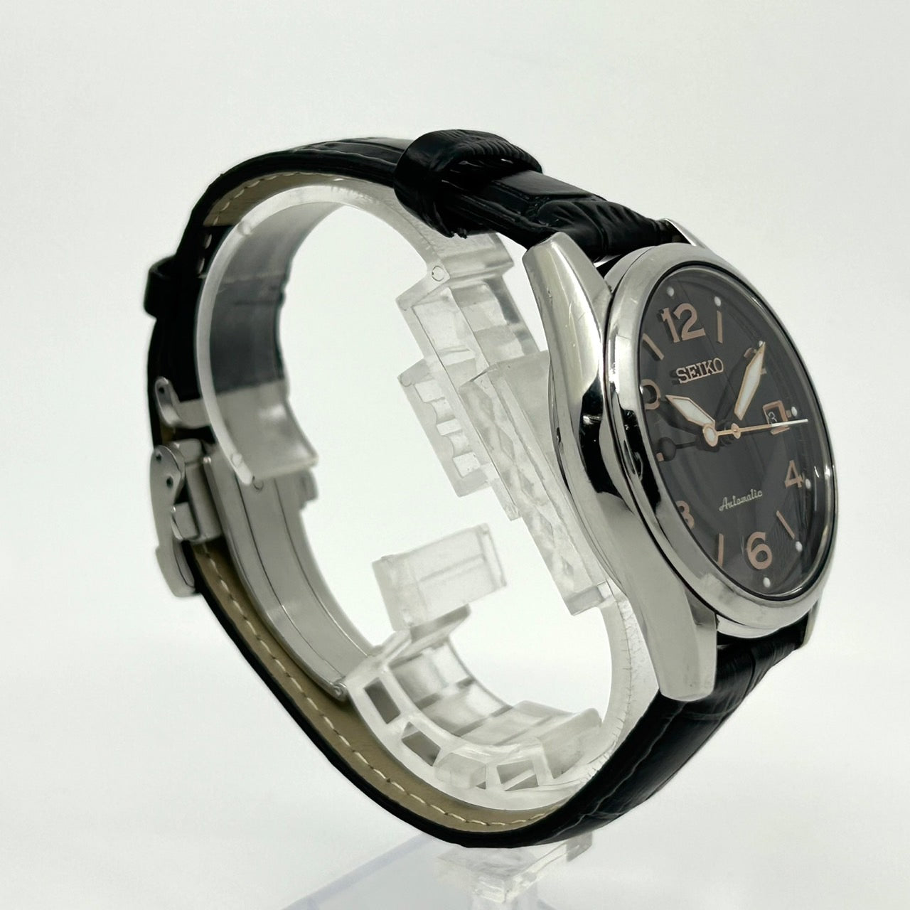 極美品 セイコー SEIKO プレサージュ 60周年記念 自動巻き メンズ腕時計 6R15-03K0 1956本限定 黒文字盤 デイト バックスケルトン レザー SS ドレスウォッチ エレガント クラシック G2