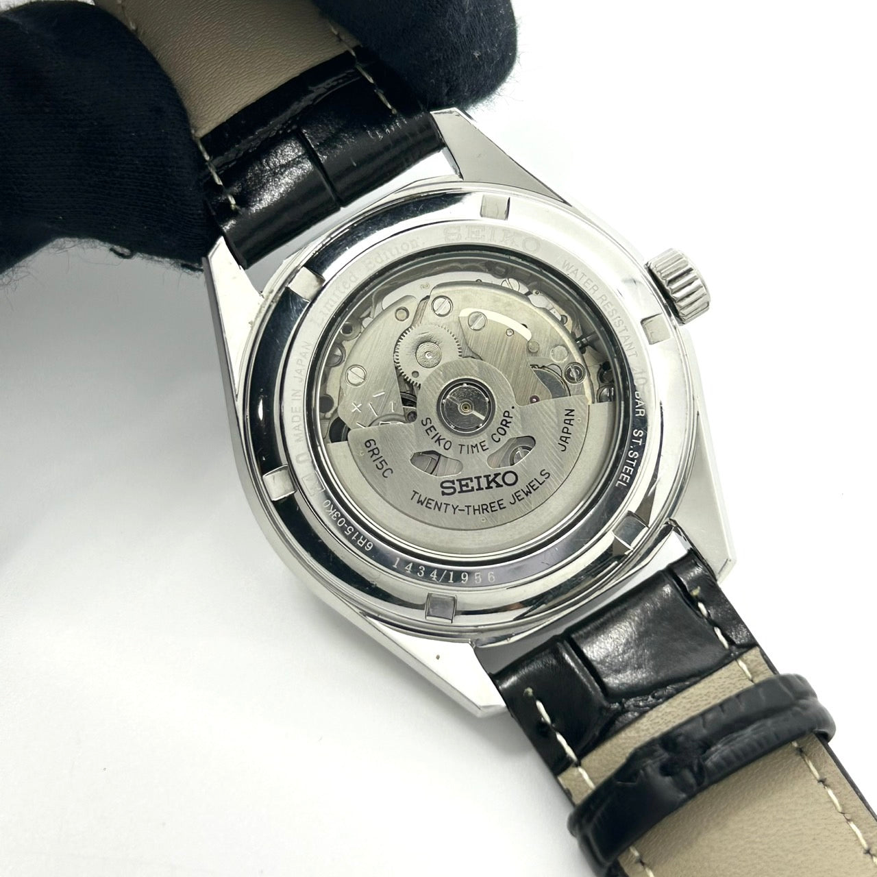 極美品 セイコー SEIKO プレサージュ 60周年記念 自動巻き メンズ腕時計 6R15-03K0 1956本限定 黒文字盤 デイト バックスケルトン レザー SS ドレスウォッチ エレガント クラシック G2