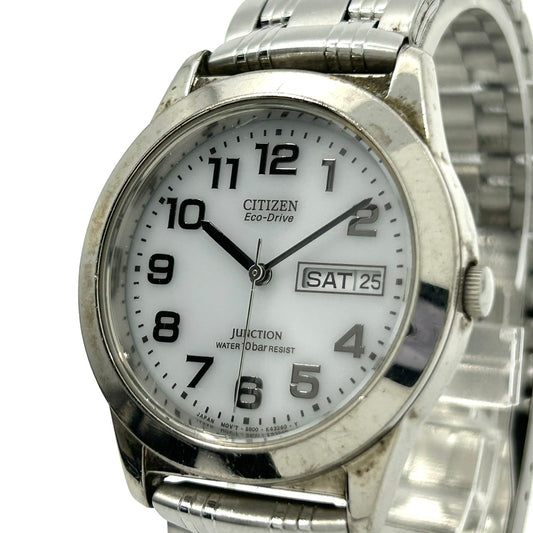 【稼働品】シチズン ジャンクション エコドライブ 腕時計 8800-K13561 CK ユニセックス ソーラー デイデイト アナログ 白文字盤 シルバー ステンレス シンプル クラシック カジュアル ビジネス 通勤 通学 ユニセックス クリーニング済 G2