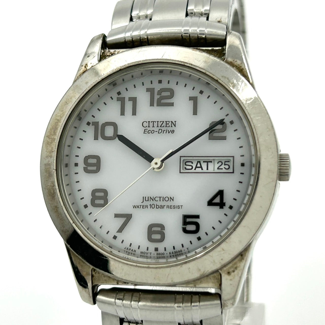 【稼働品】シチズン ジャンクション エコドライブ 腕時計 8800-K13561 CK ユニセックス ソーラー デイデイト アナログ 白文字盤 シルバー ステンレス シンプル クラシック カジュアル ビジネス 通勤 通学 ユニセックス クリーニング済 G2