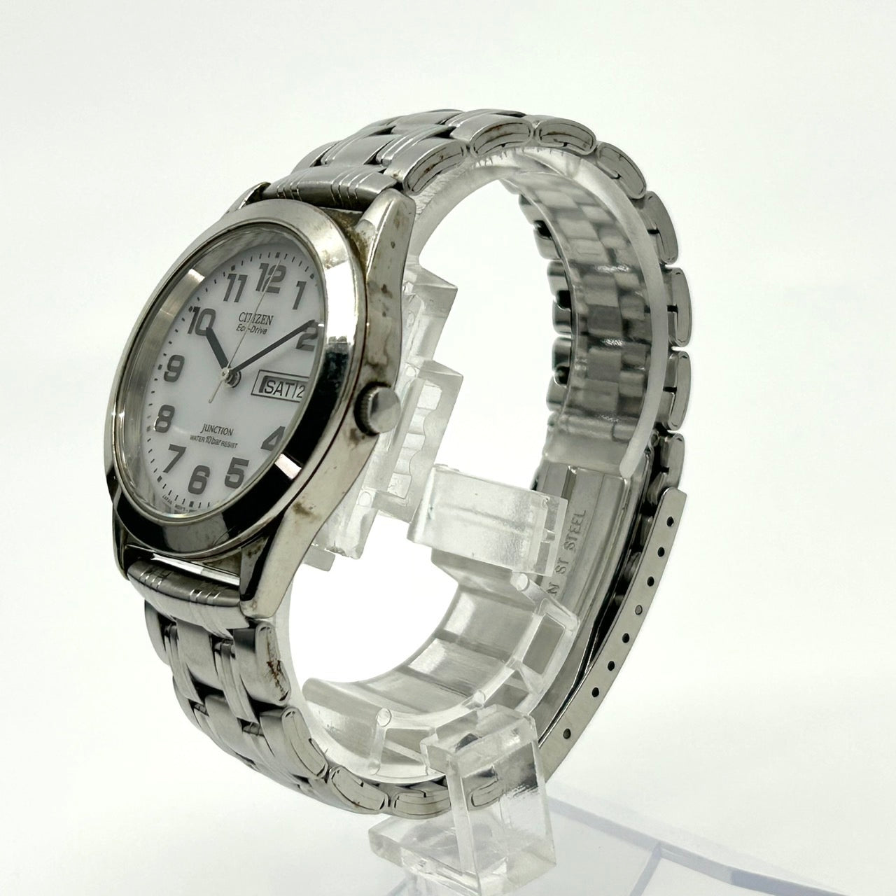 【稼働品】シチズン ジャンクション エコドライブ 腕時計 8800-K13561 CK ユニセックス ソーラー デイデイト アナログ 白文字盤 シルバー ステンレス シンプル クラシック カジュアル ビジネス 通勤 通学 ユニセックス クリーニング済 G2