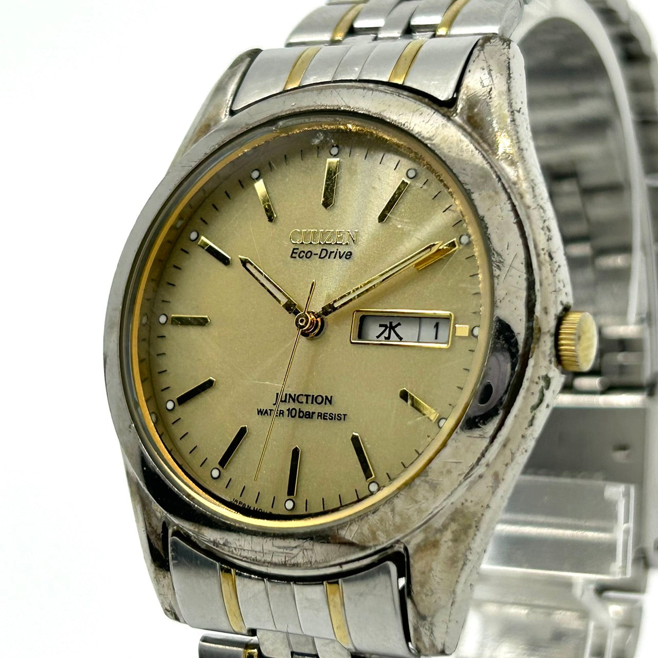 【稼働品】citizen シチズン ジャンクション エコドライブ 腕時計 E100-F0398T CK メンズ レディース ソーラー デイデイト アナログ ゴールド文字盤 コンビカラー ヴィンテージ クラシック カジュアル ビジネス 通勤 ユニセックス G1