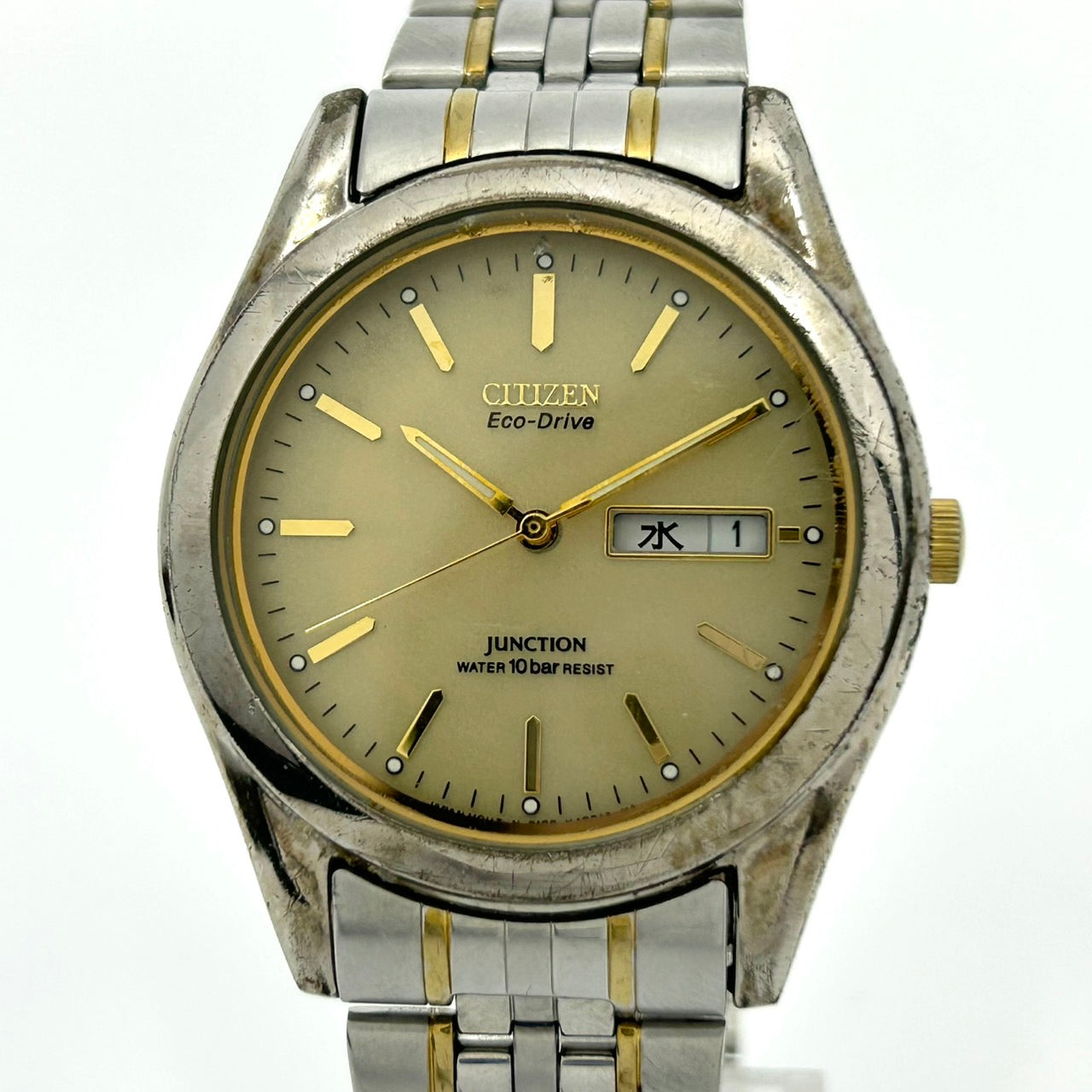 【稼働品】citizen シチズン ジャンクション エコドライブ 腕時計 E100-F0398T CK メンズ レディース ソーラー デイデイト アナログ ゴールド文字盤 コンビカラー ヴィンテージ クラシック カジュアル ビジネス 通勤 ユニセックス G1